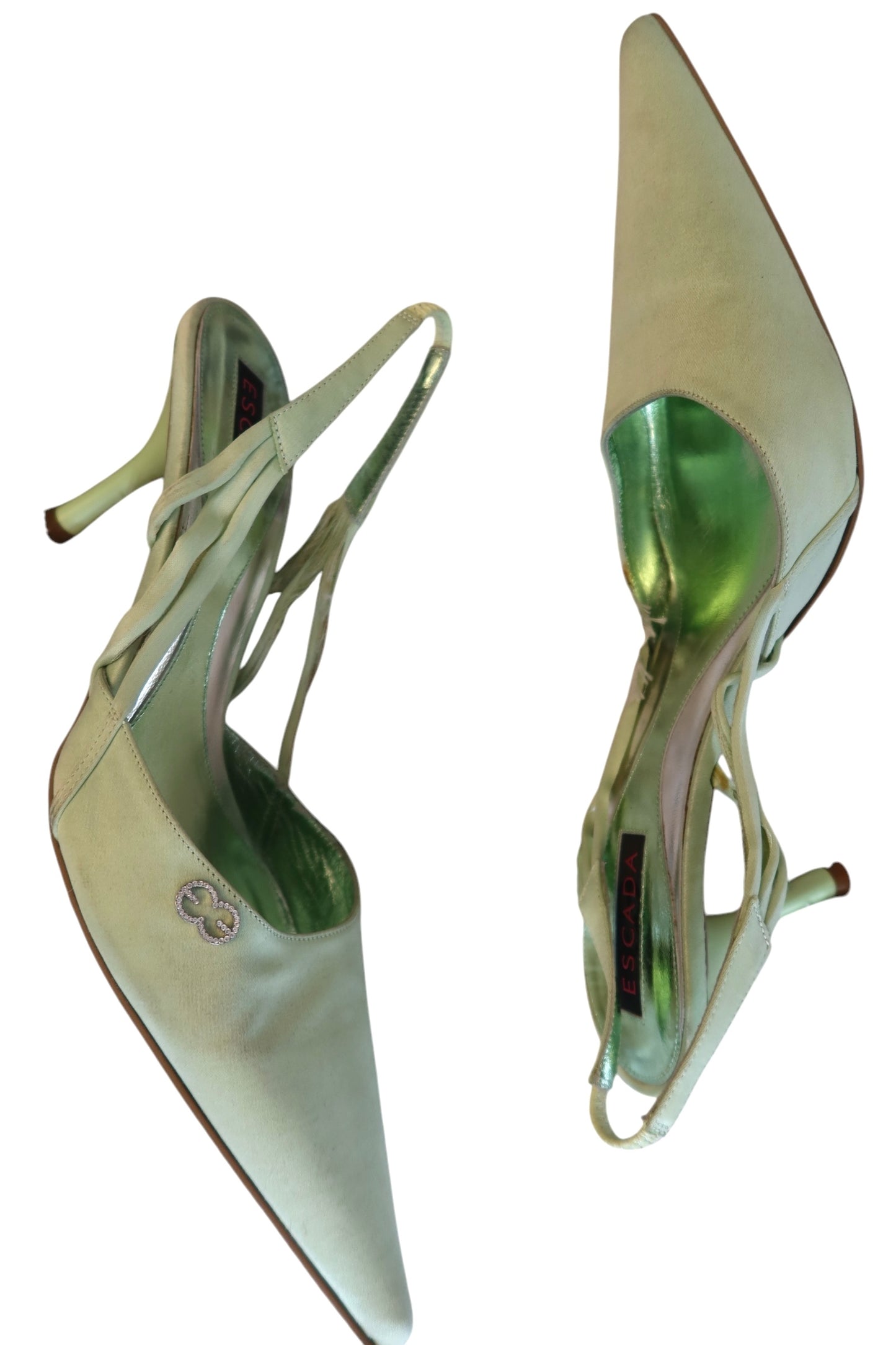 Escada mint green satin slingback heels with crystal logo (38)