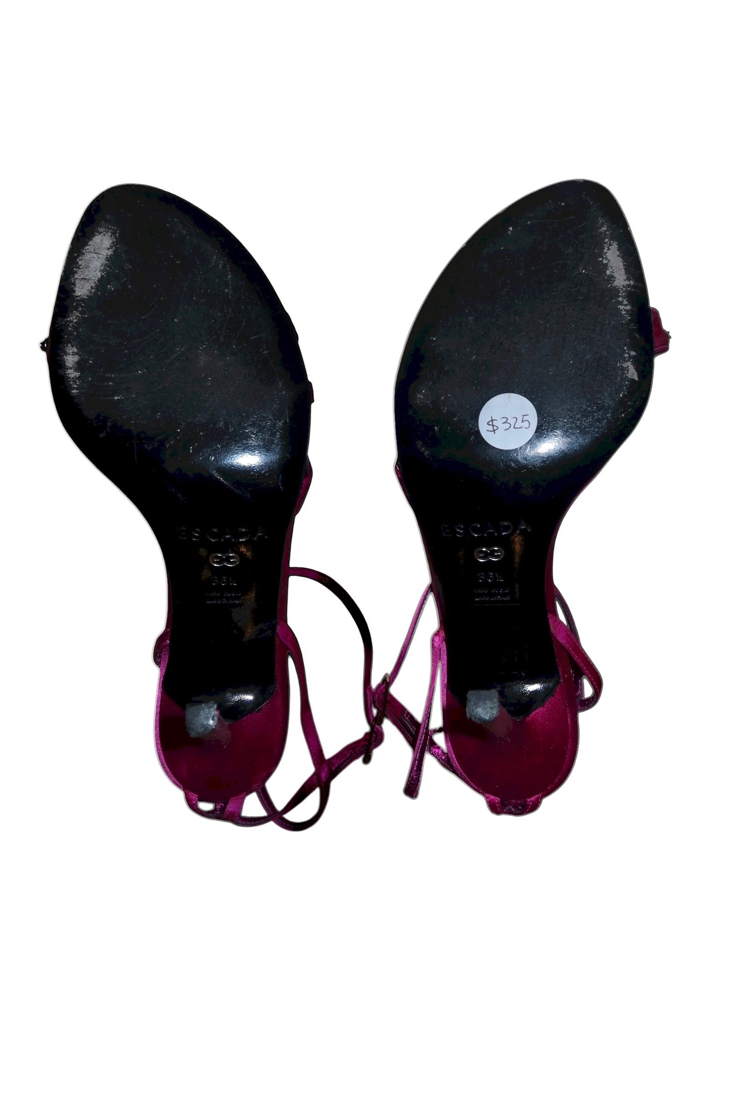 Escada fuchsia satin heels with crystal floral design (36.5)