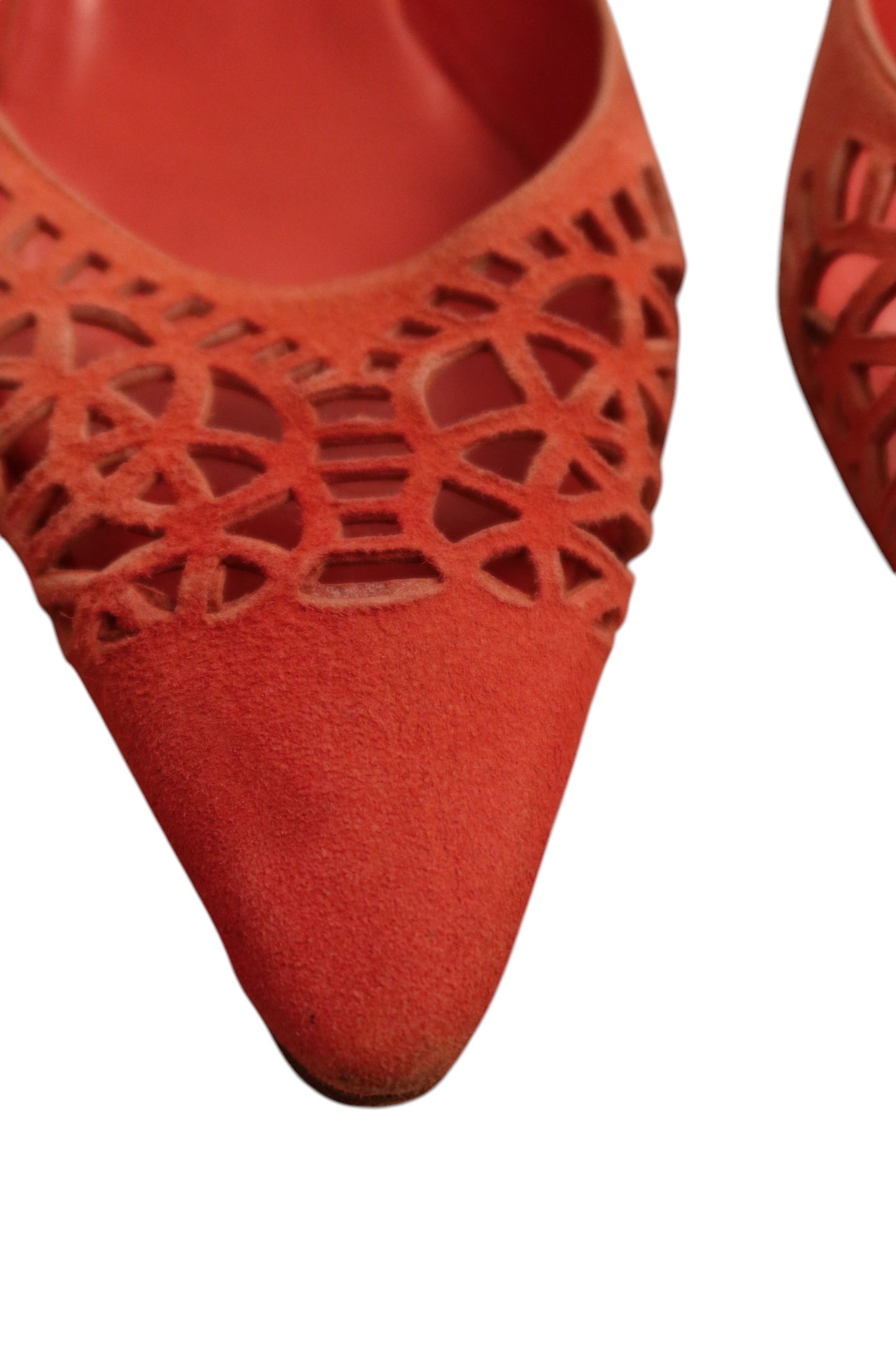 Manolo Blahnik salmon laser cut suede mules (39)