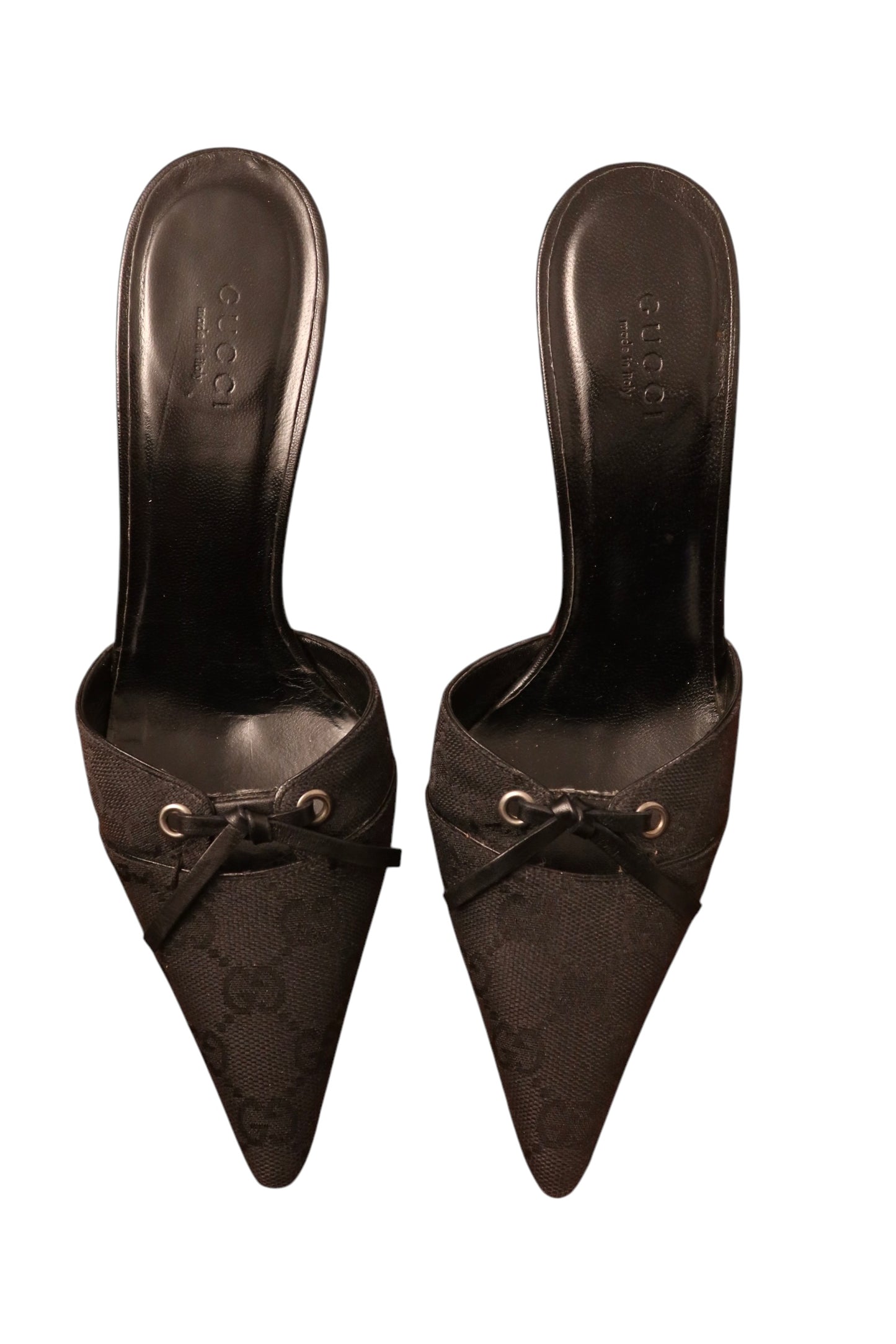 Gucci black canvas monogram GG pointed toe mules heels (6B)