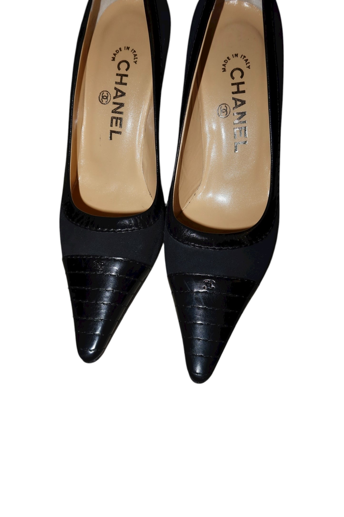 Chanel black suede and leather heels with silver CC logo (36.5C)