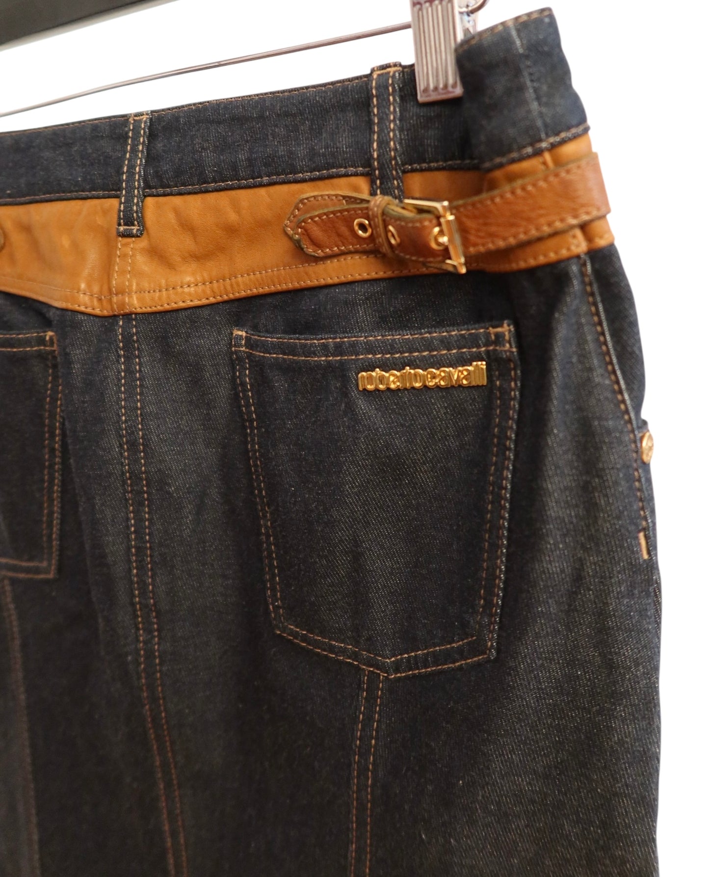 Roberto Cavalli denim skirt with leather camel colored trim size 42