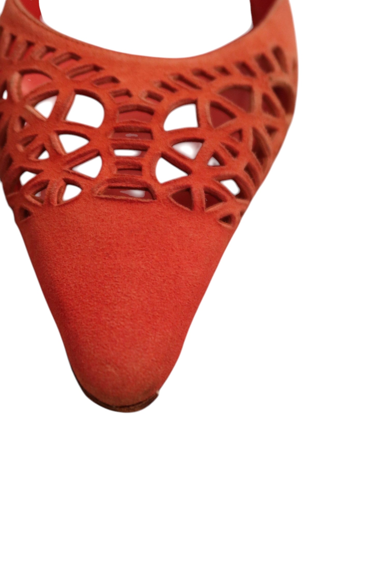 Manolo Blahnik salmon laser cut suede mules (39)