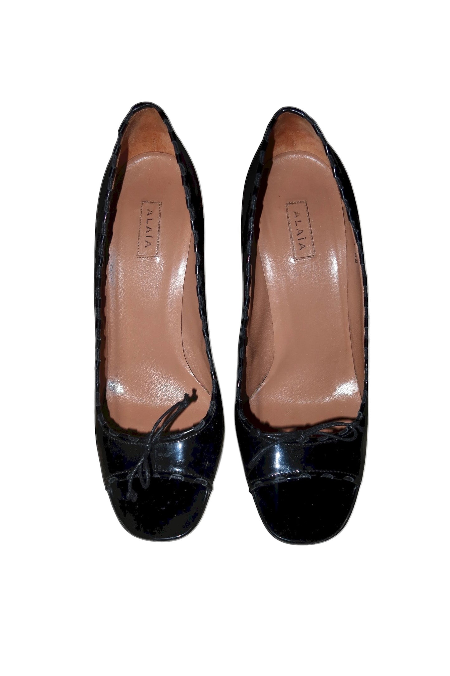 Alaïa black patent leather peep toe heels with bow detail (38)
