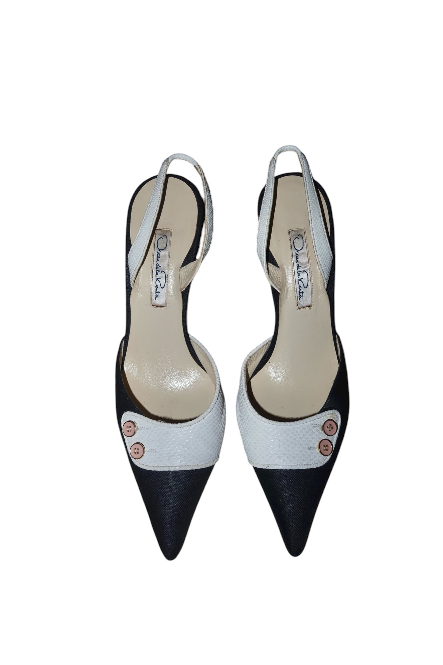 Oscar de la Renta navy canvas white leather heels with buttons (6B)