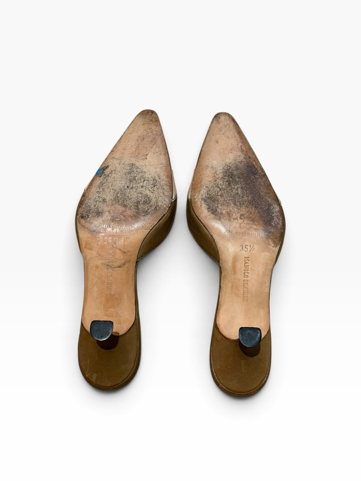 Manolo Blahnik olive mules with brown button details (35.5)