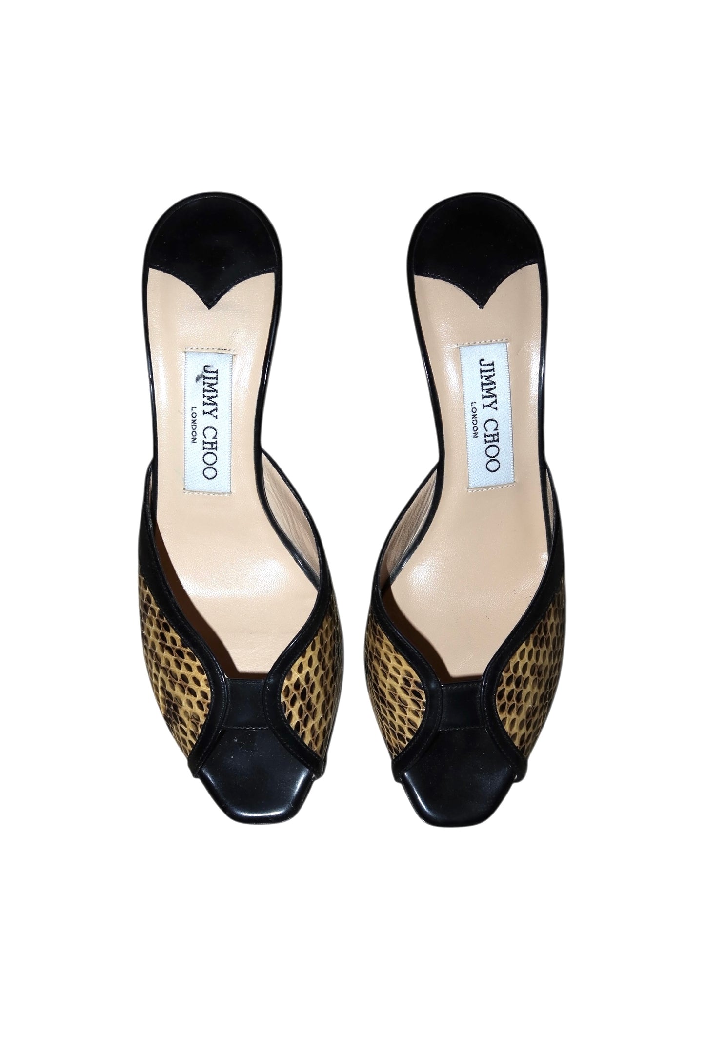 Jimmy Choo snakeskin and black leather peep toe heels (38)