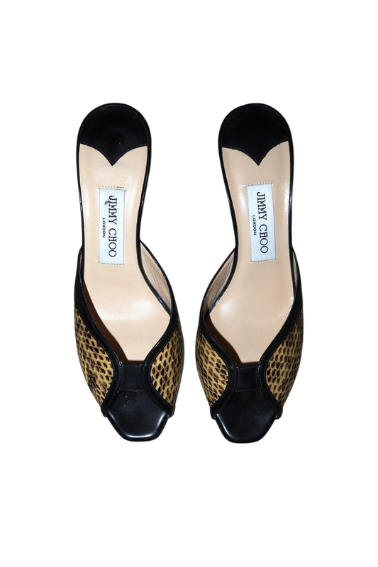Jimmy Choo snakeskin and black leather peep toe heels (38)
