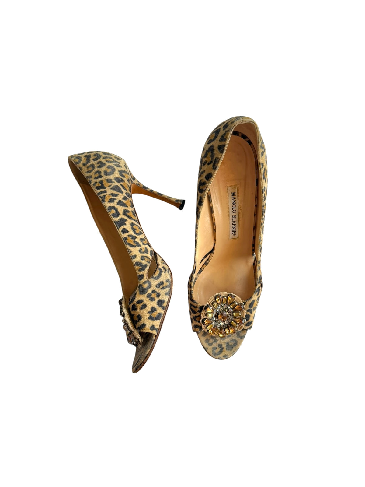 Manolo Blahnik leopard suede open toe heels with crystal flowers (41)