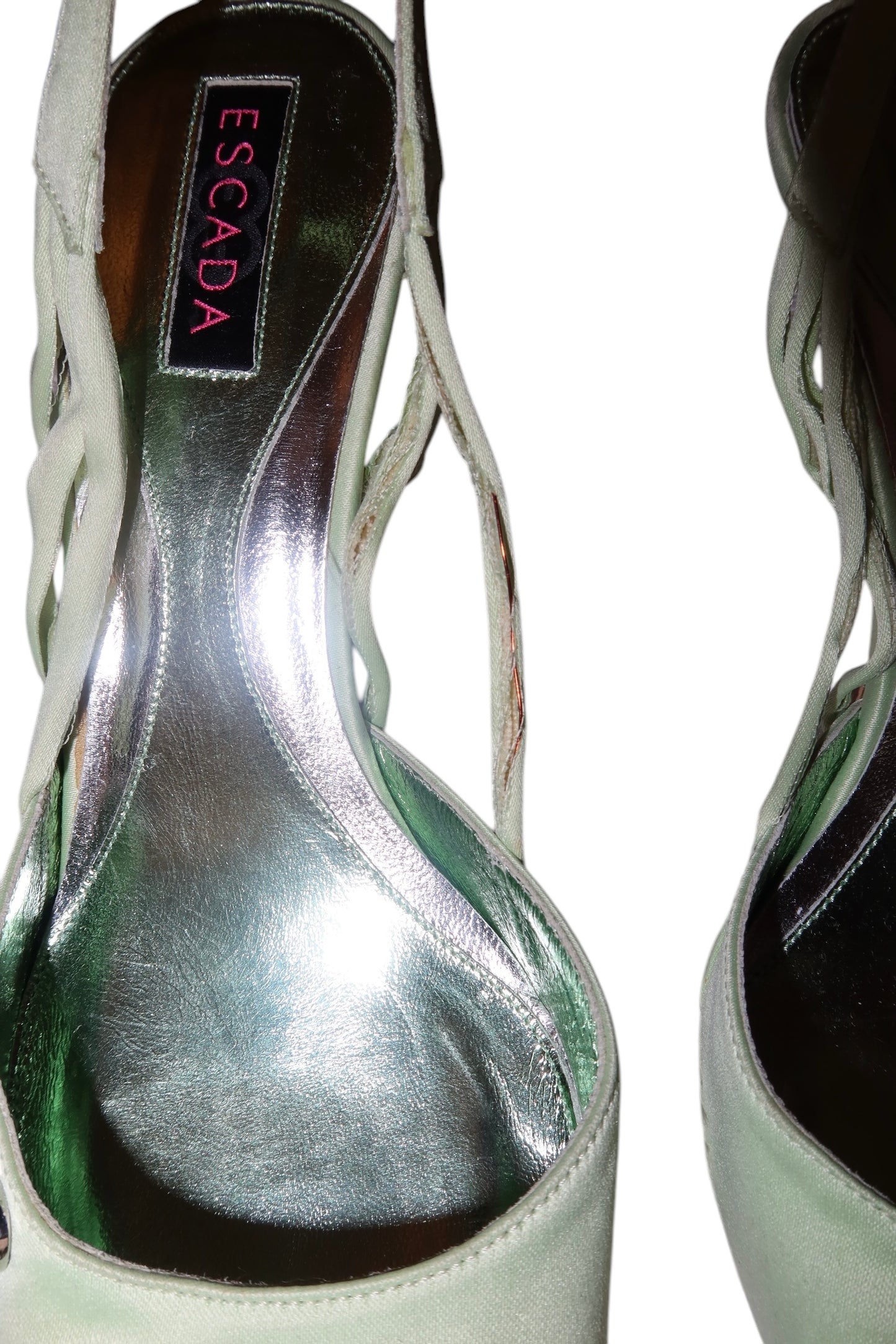 Escada mint green satin slingback heels with crystal logo (38)