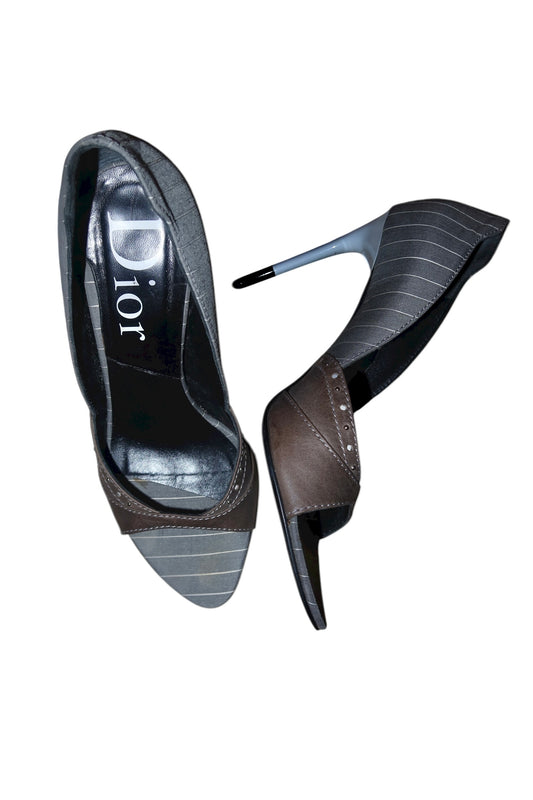 Dior grey/brown/white pinstriped heels (38)