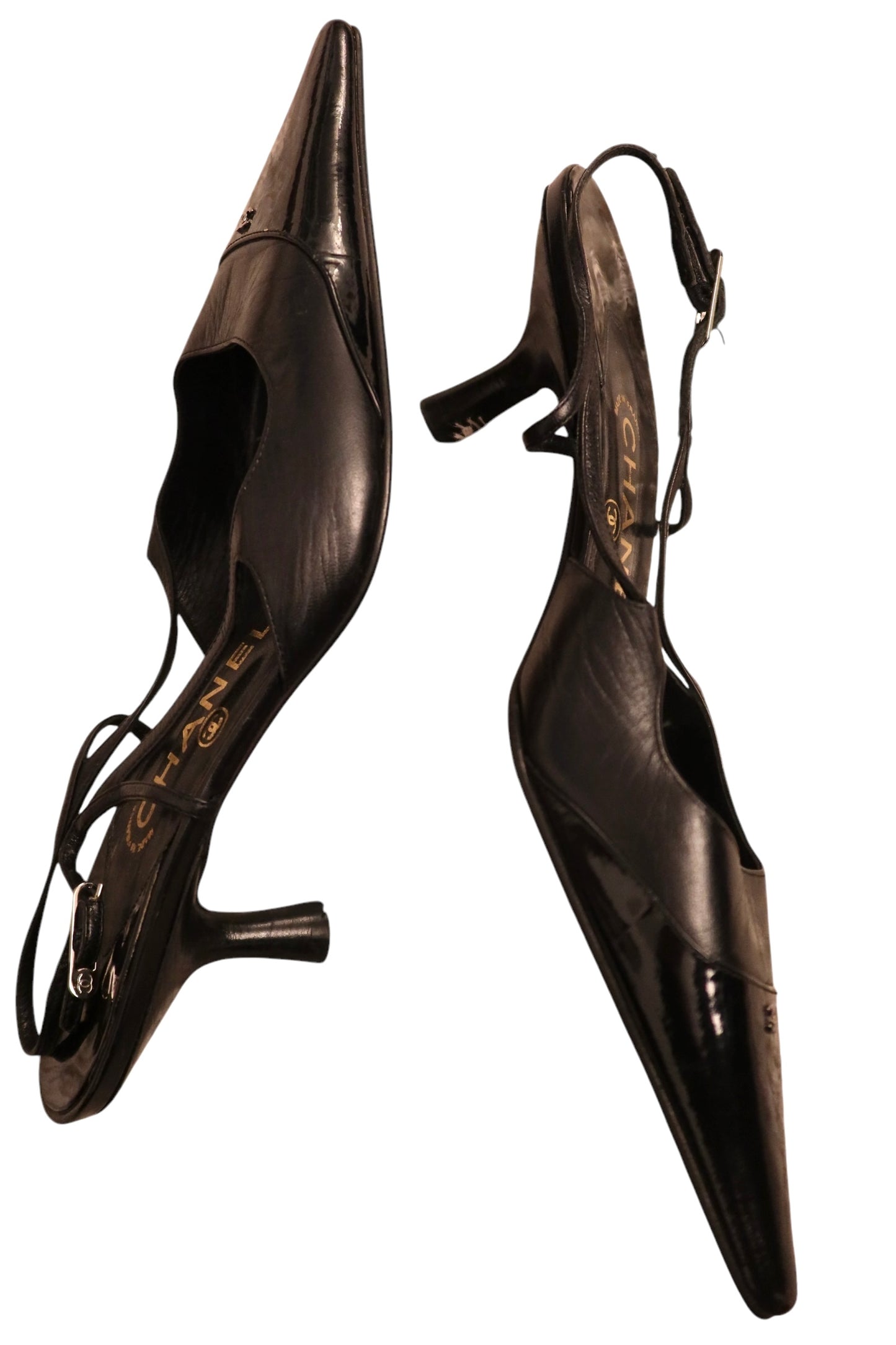 Chanel black leather CC logo cap toe slingback (36.5)