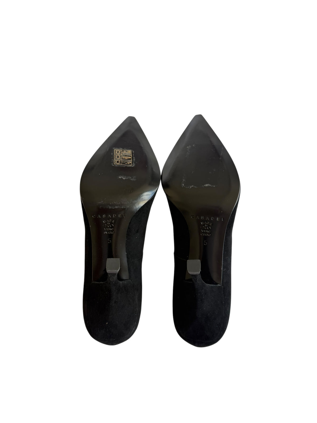 Casadei black suede heels with orange crystal buckle details (5)