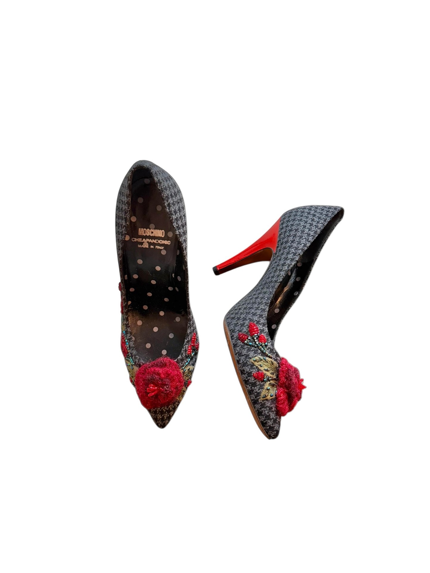 Moschino grey houndstooth heels with red floral embroidery (35)