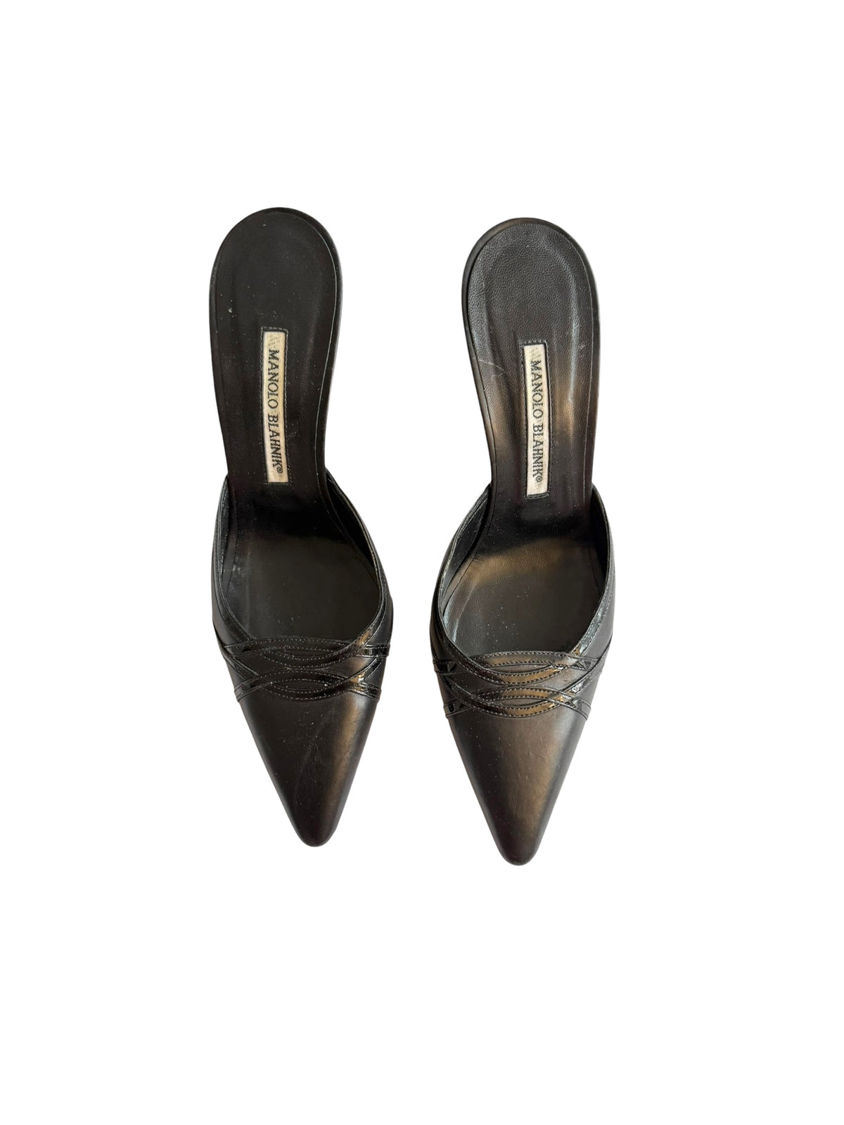 Manolo Blahnik black leather criss cross detail mules (38.5)