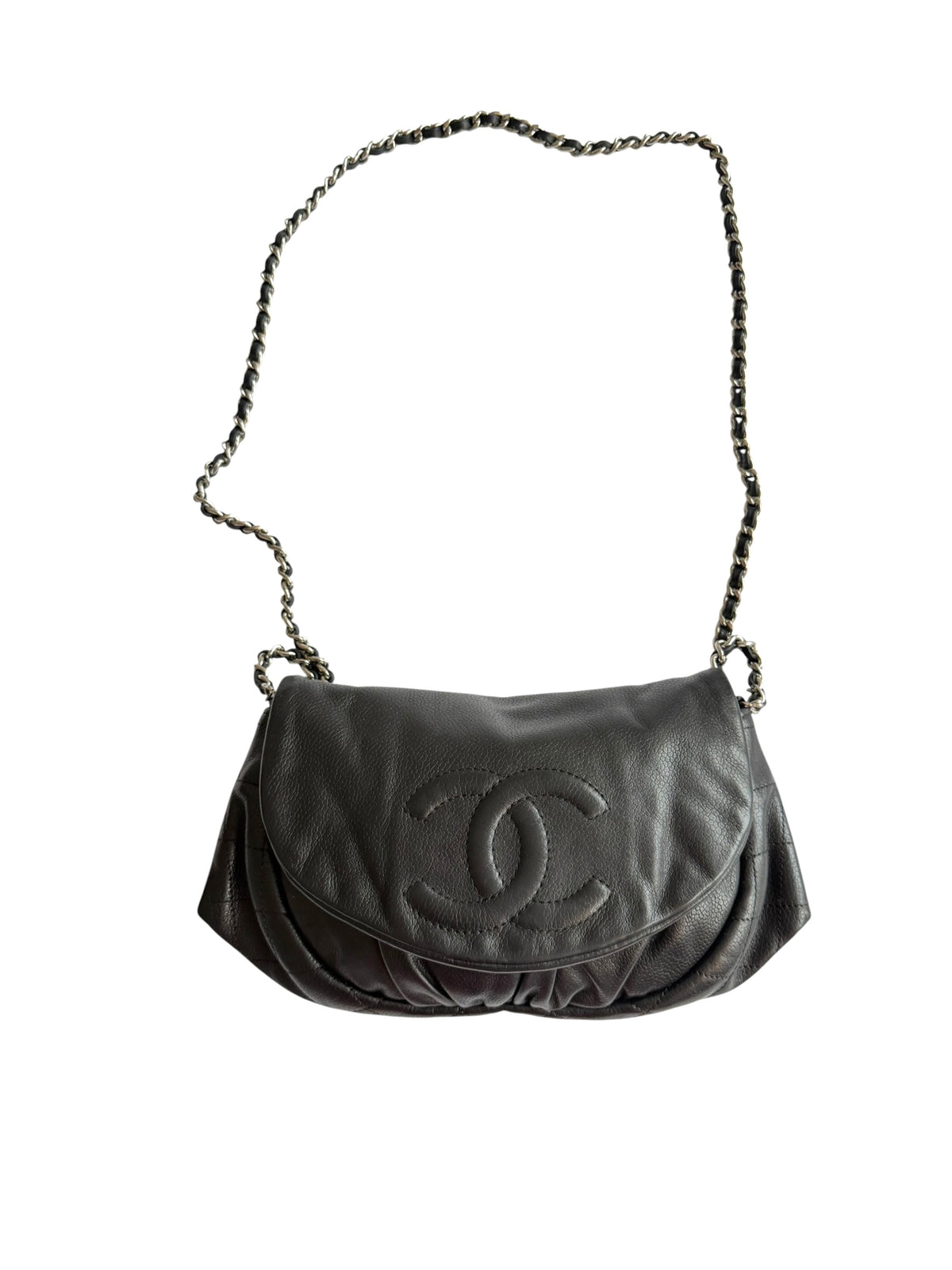 Chanel black CC caviar half moon wallet on chain bag