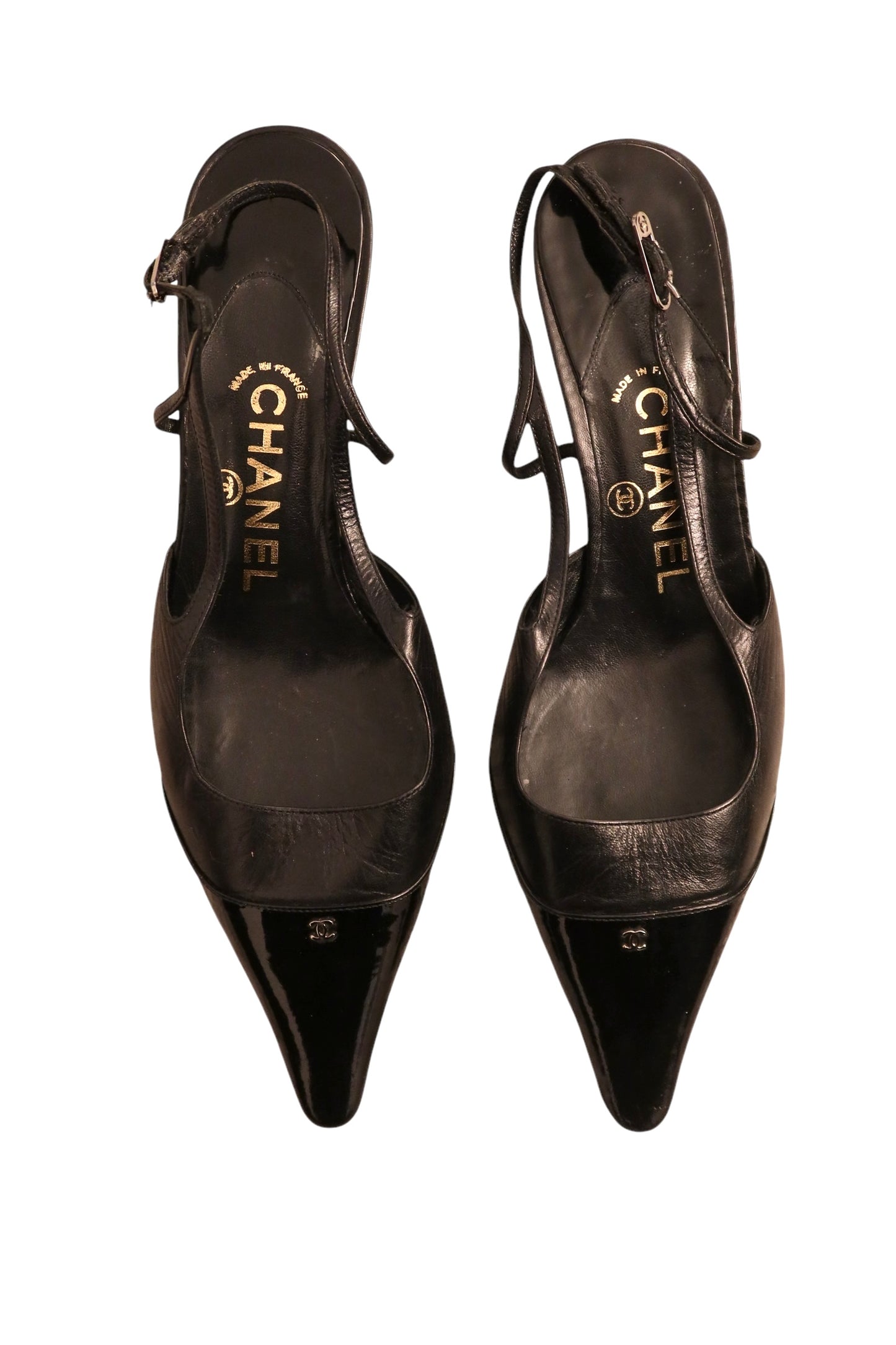 Chanel black leather CC logo cap toe slingback (36.5)