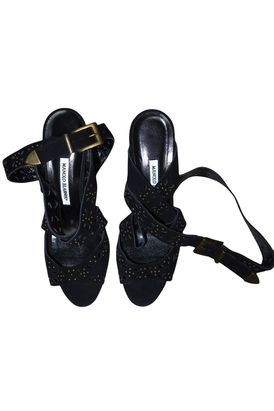 Manolo Blahnik black suede heels with gold studded details (40.5)