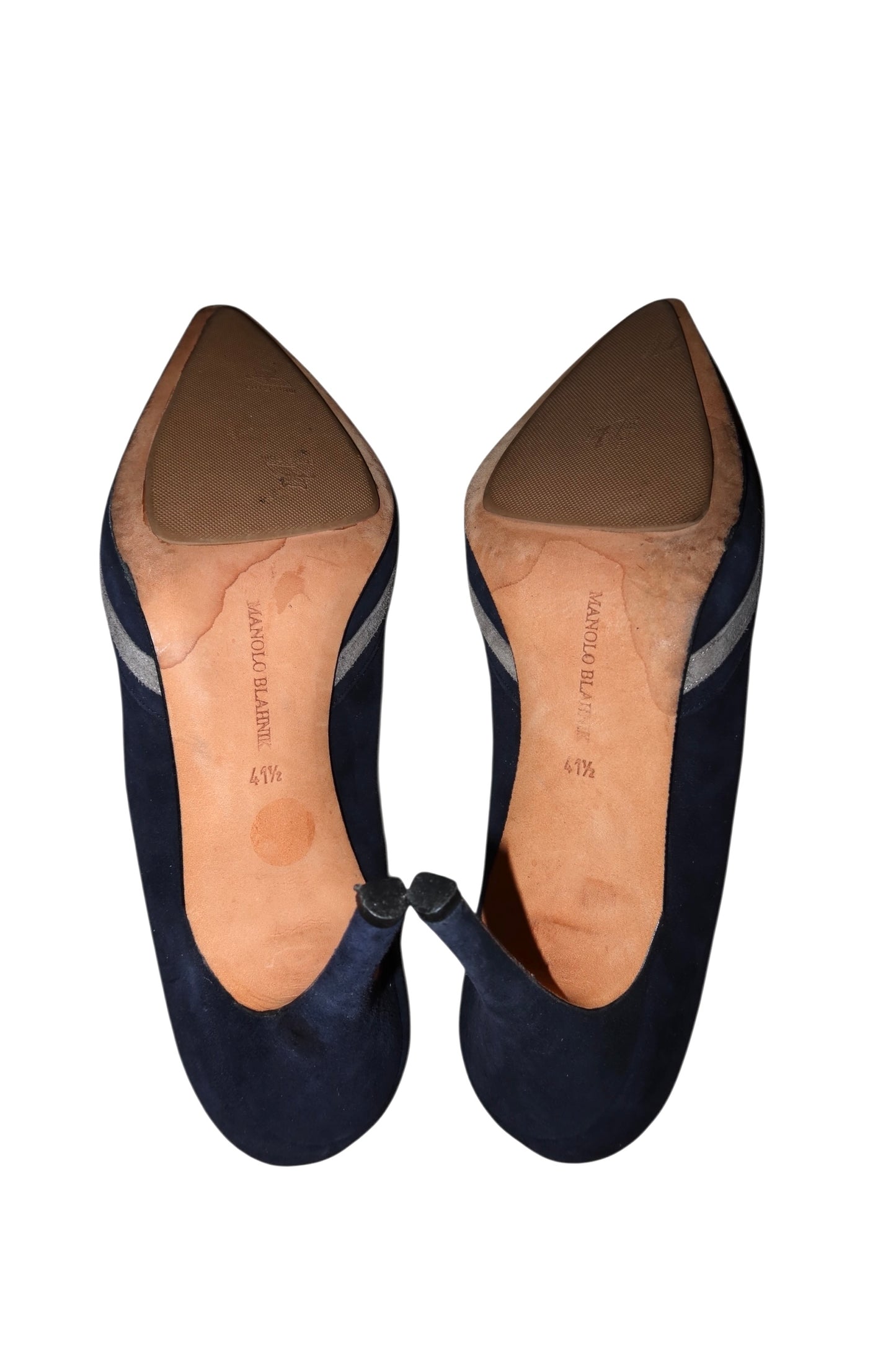 Manolo Blahnik blue suede heels with grey bow details (41.5)