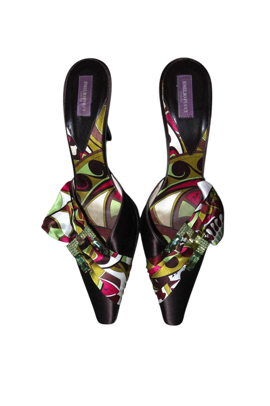 Emilio Pucci brown satin heels with multi color scarf and rhinestone buckle (38)