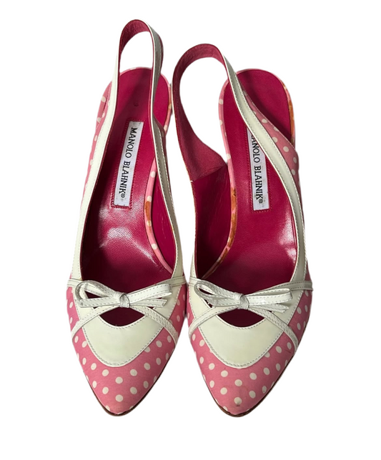 Manolo Blahnik pink and white polka dot heels with white bow (39.5)
