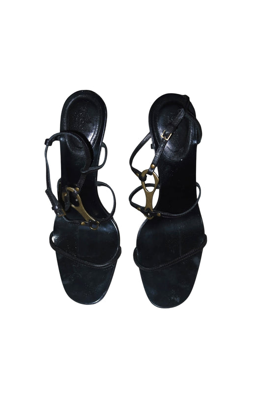 Gucci by Tom Ford black leather strappy heels with gold horsebit (9.5)