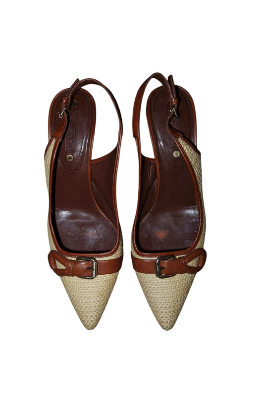Celine raffia slingback heels with brown leather buckle accent (38.5)
