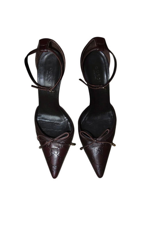 Gucci brown monogram heels with bows (36C)