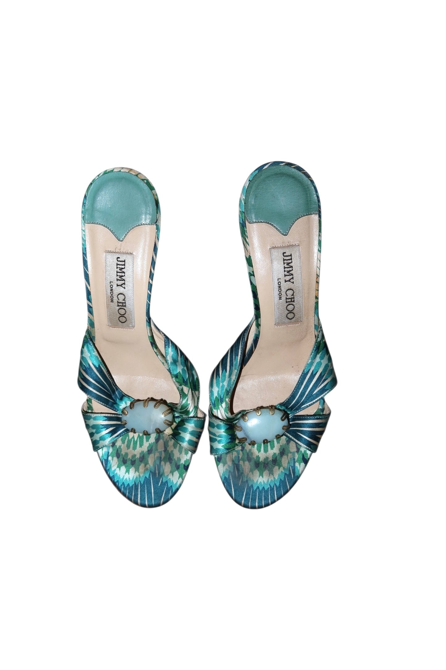 Jimmy Choo blue silk mules with turquoise stone (36)