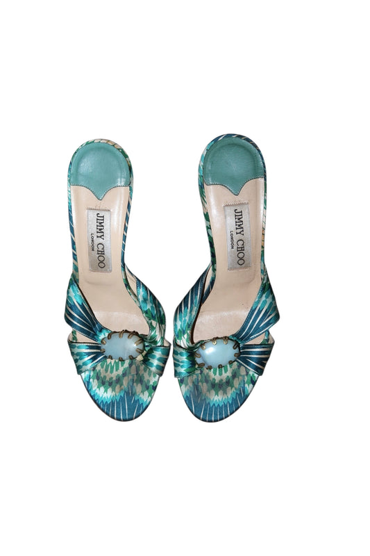 Jimmy Choo blue silk mules with turquoise stone (36)