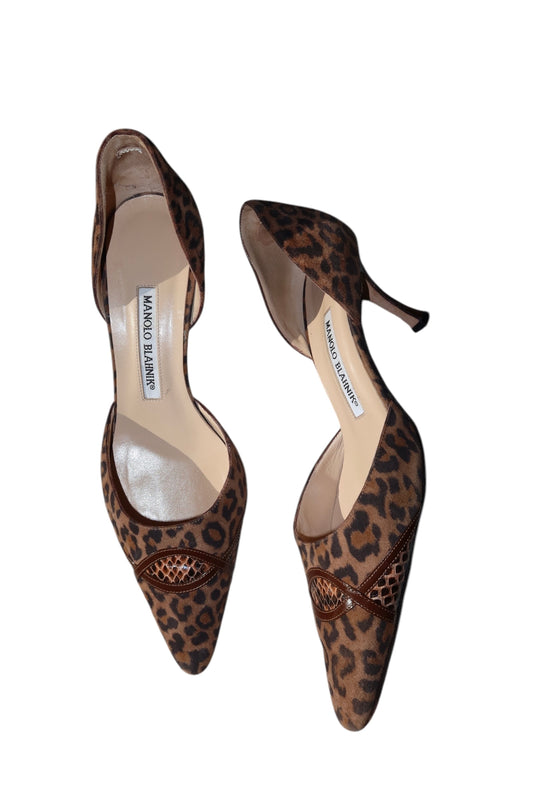 Manolo Blahnik leopard pony hair heels with snake skin trim detail (37.5)