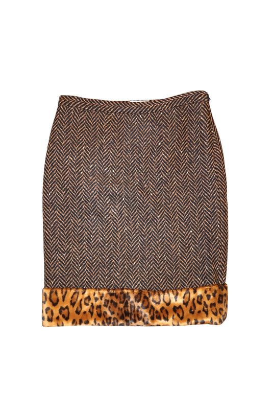 Moschino herringbone and leopard fur trim skirt (42)
