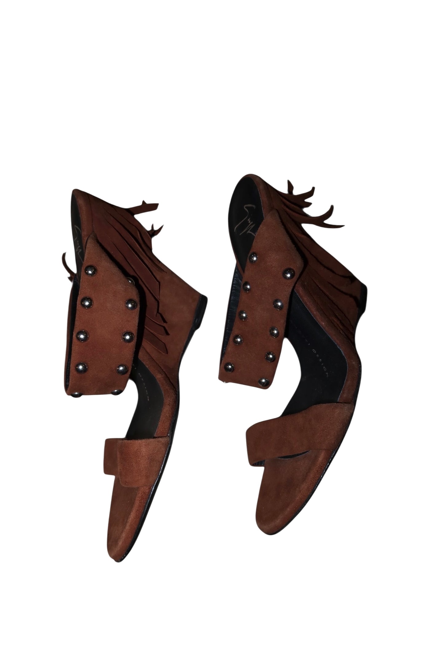 Giuseppe Zanotti brown suede heels with silver studs and fringes (35)