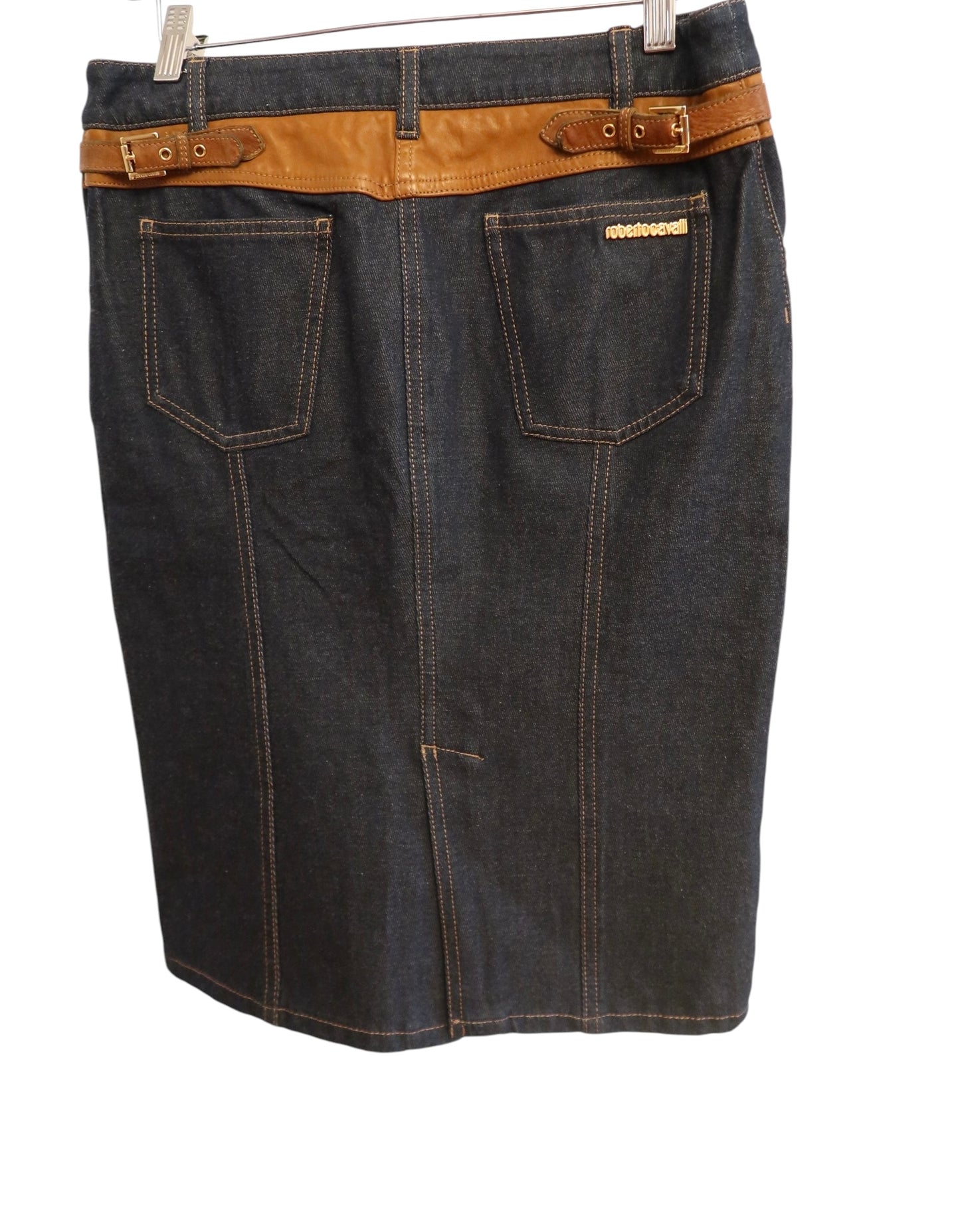 Roberto Cavalli denim skirt with leather camel colored trim size 42