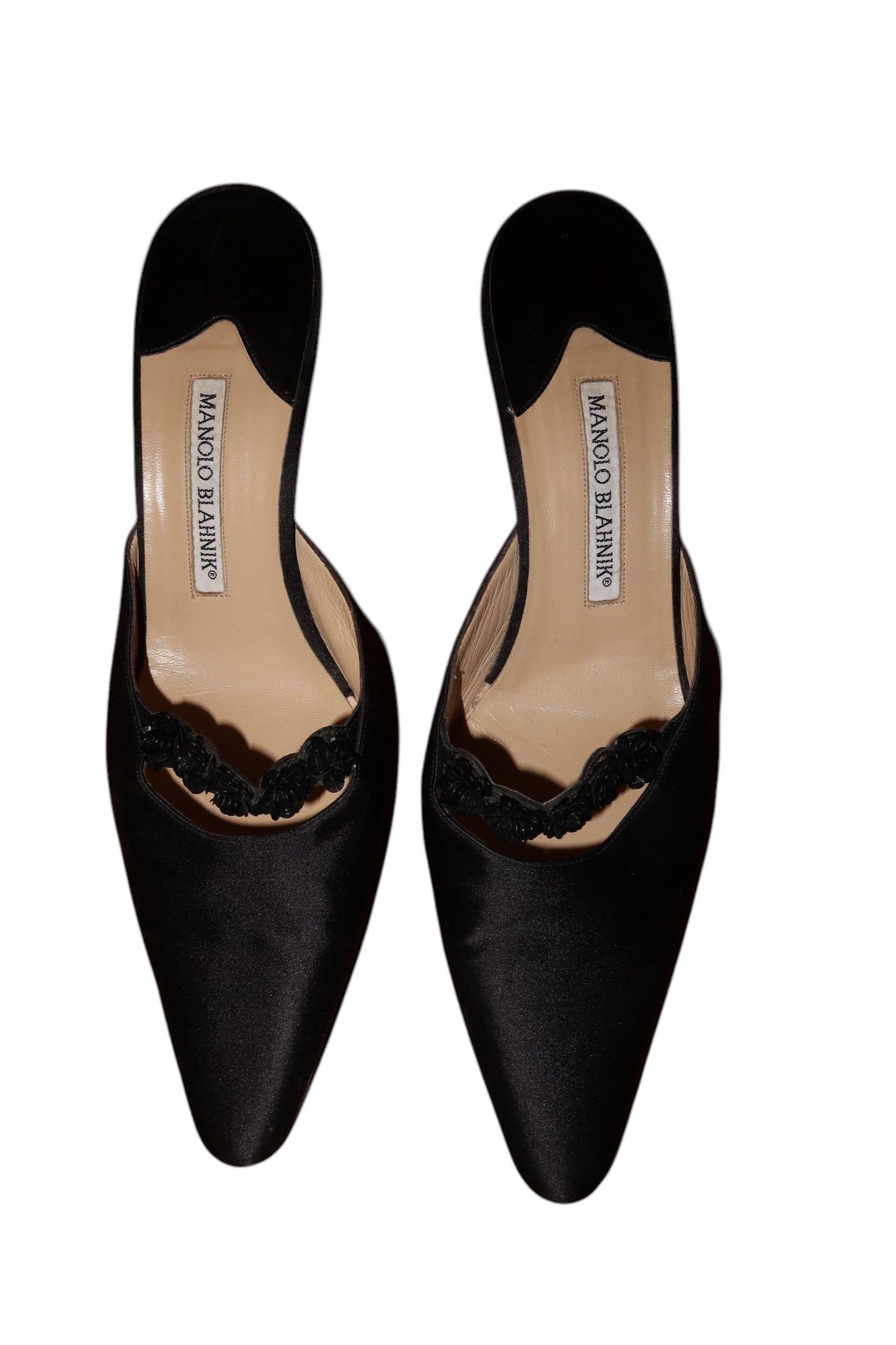 Manolo Blahnik black satin mules with flower details (39)