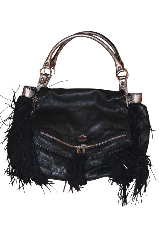 Just Cavalli large black eco leather bag with fringes