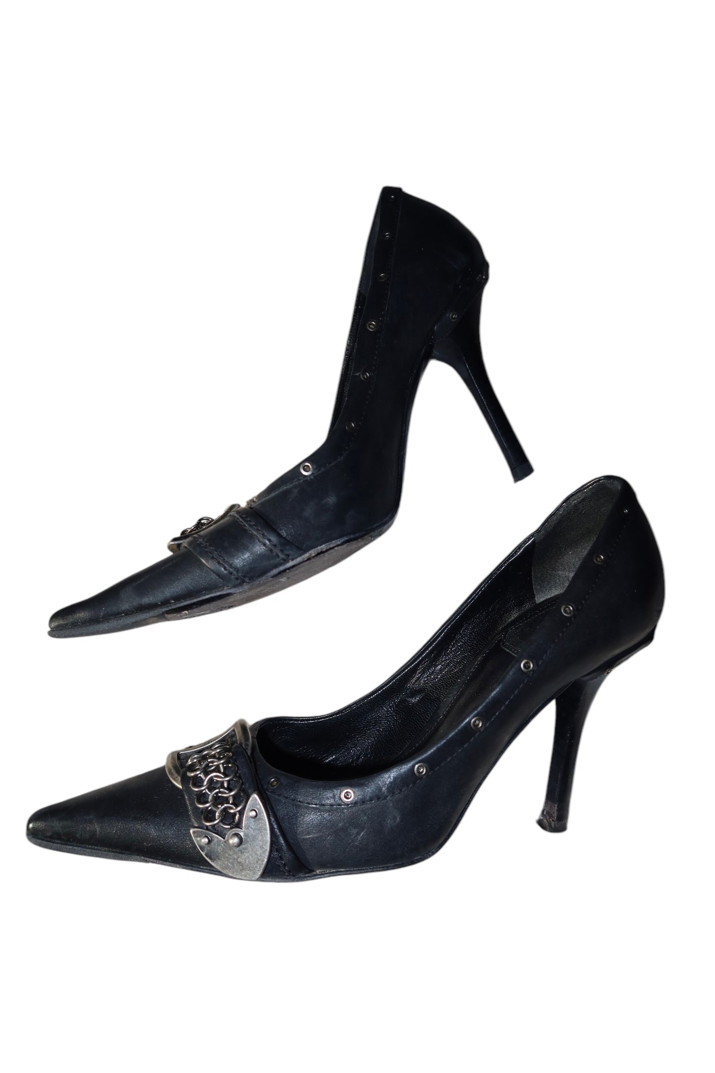 Dior black leather heels with iconic D buckle chain embellishment (36.5)