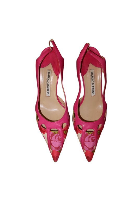 Manolo Blahnik pink floral print slingback heels (38.5)