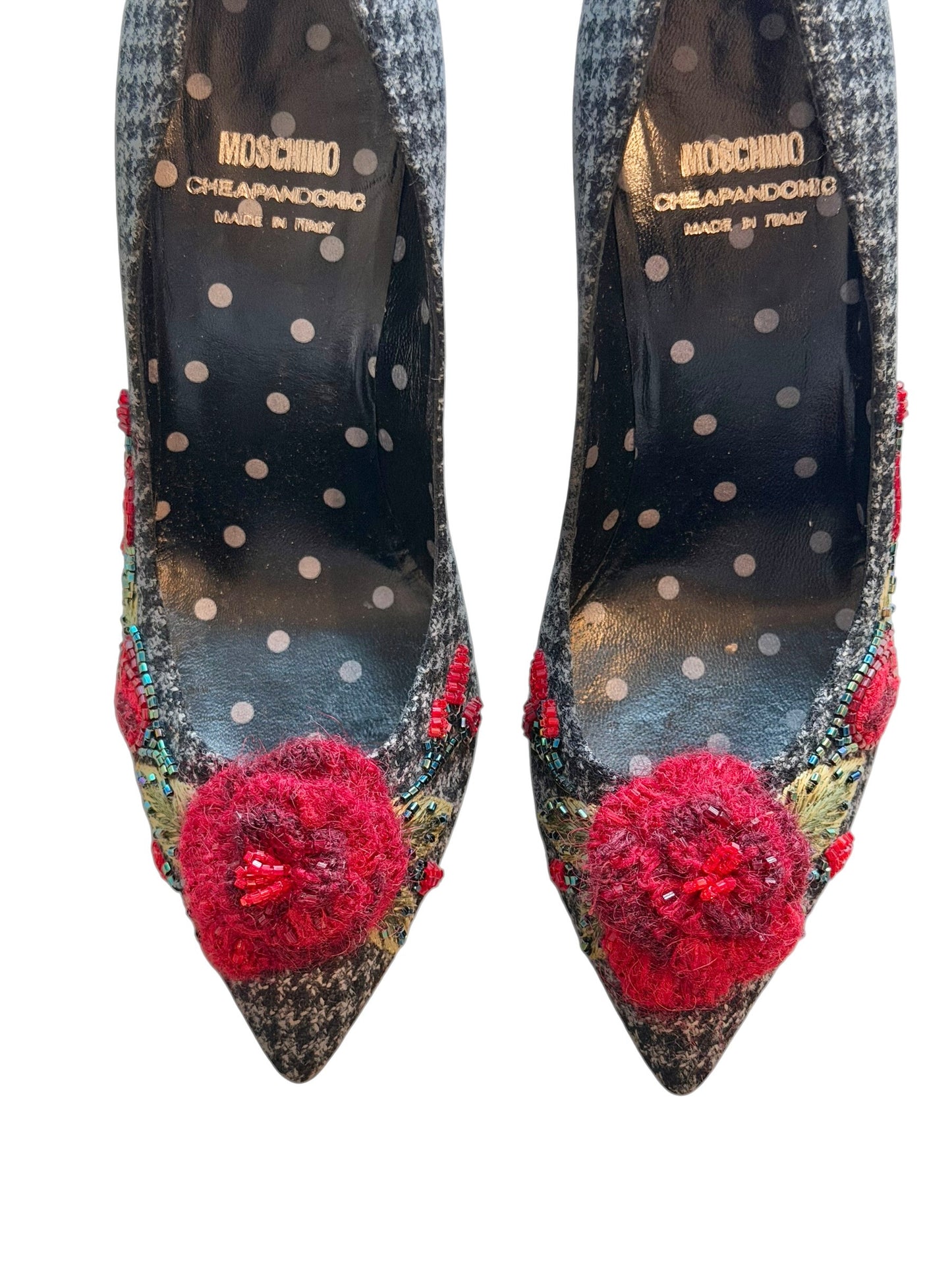 Moschino grey houndstooth heels with red floral embroidery (35)