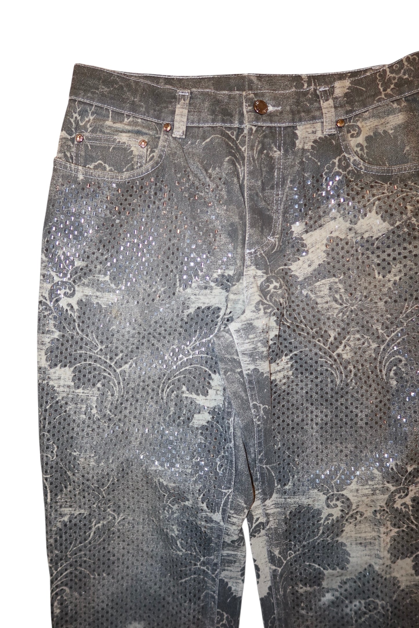 Roberto Cavalli gray jeans with baroque and metallic print (M)