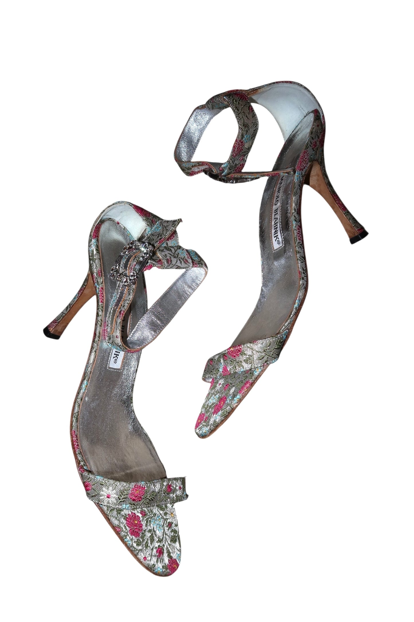 Manolo Blahnik floral print heels with crystal embellished buckle (39)