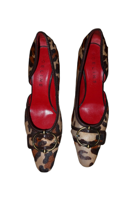 Celine leopard pony hair heels with gold hardware buckle (40B)