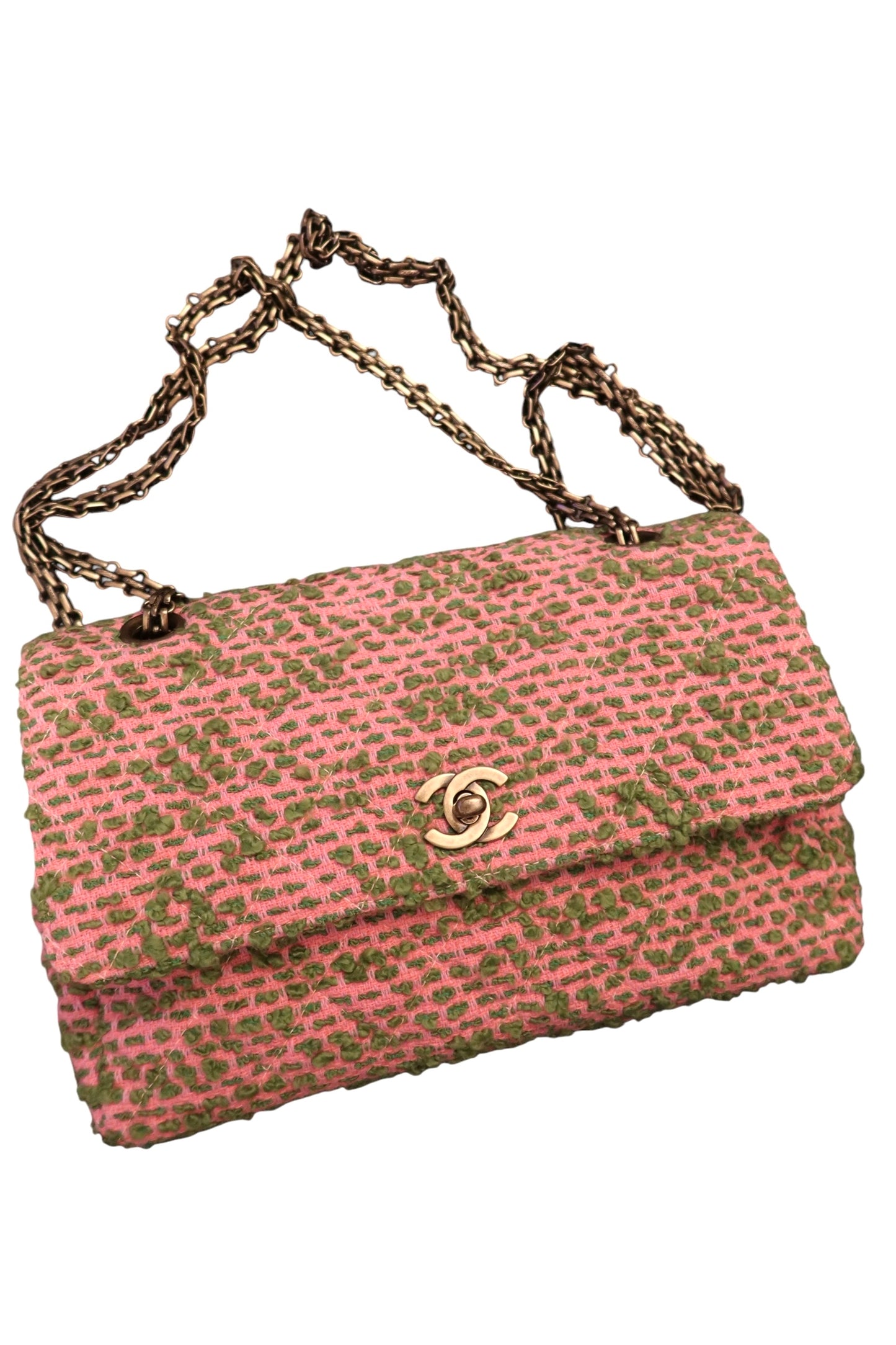 Rare Chanel flap bag quilted in pink and green tweed, reissue chain