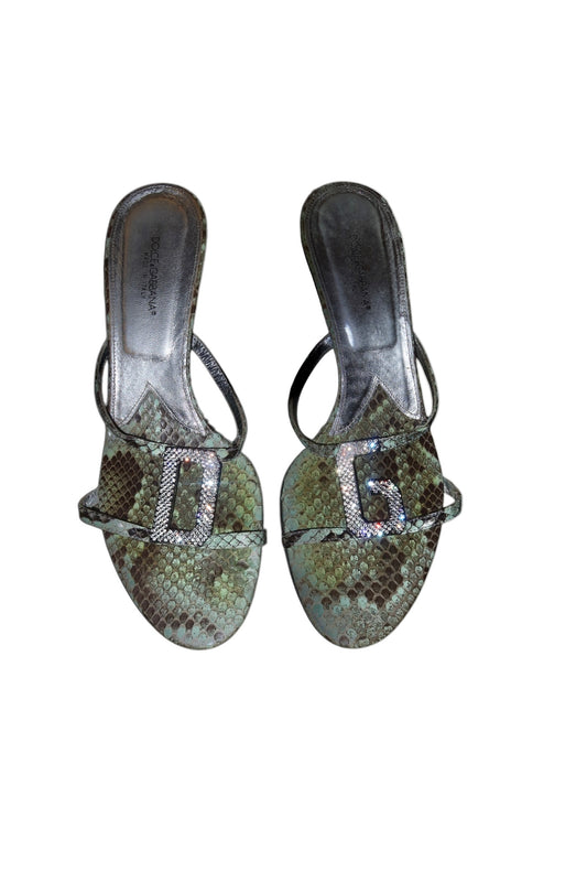 Dolce & Gabbana blue/green snakeskin heels with DG rhinestones logo (39)
