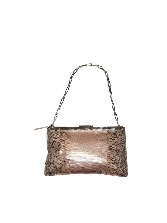 Gucci tan lizard skin clutch with silver chain strap