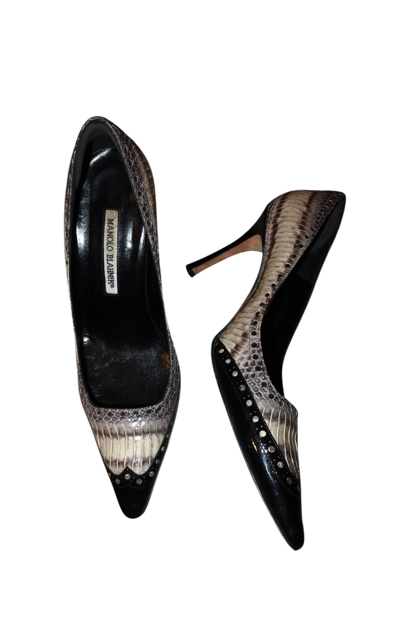 Manolo Blahnik black and snakeskin brogue style pump heels (38.5)