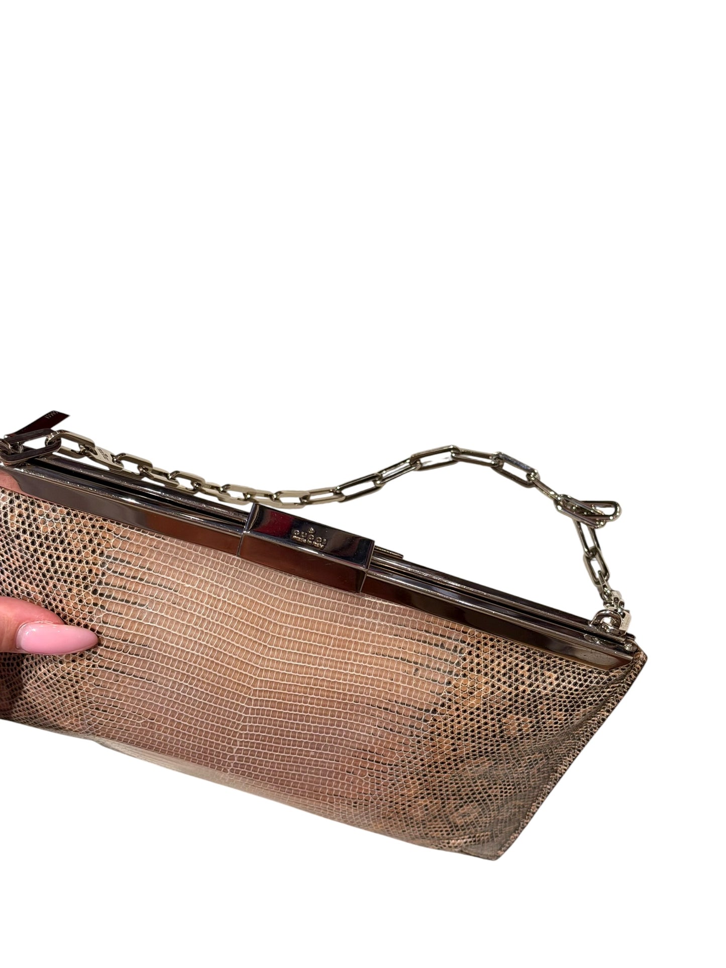 Gucci tan lizard skin clutch with silver chain strap