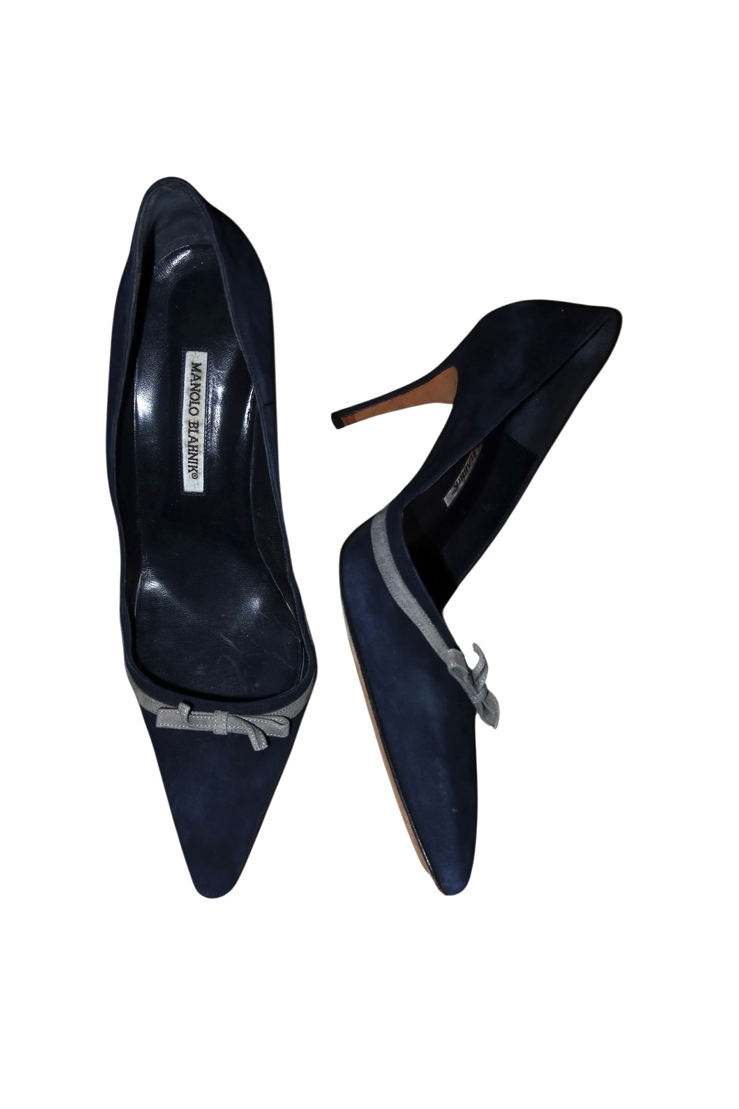 Manolo Blahnik blue suede heels with grey bow details (41.5)