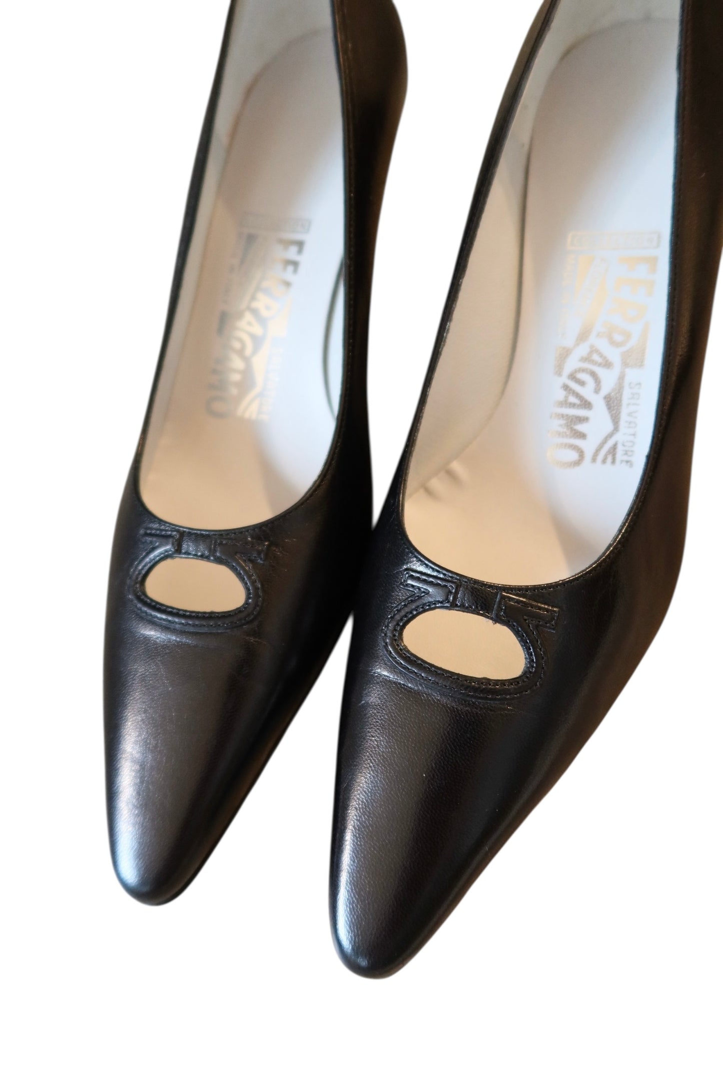 Ferragamo black kitten heels with logo detail (6.5)