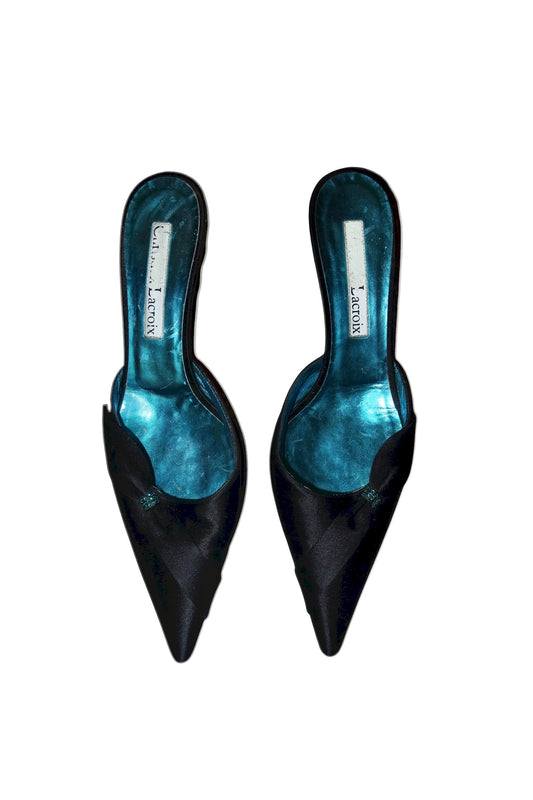 Christian Lacroix black satin heels with bow and blue rhinestone (38)
